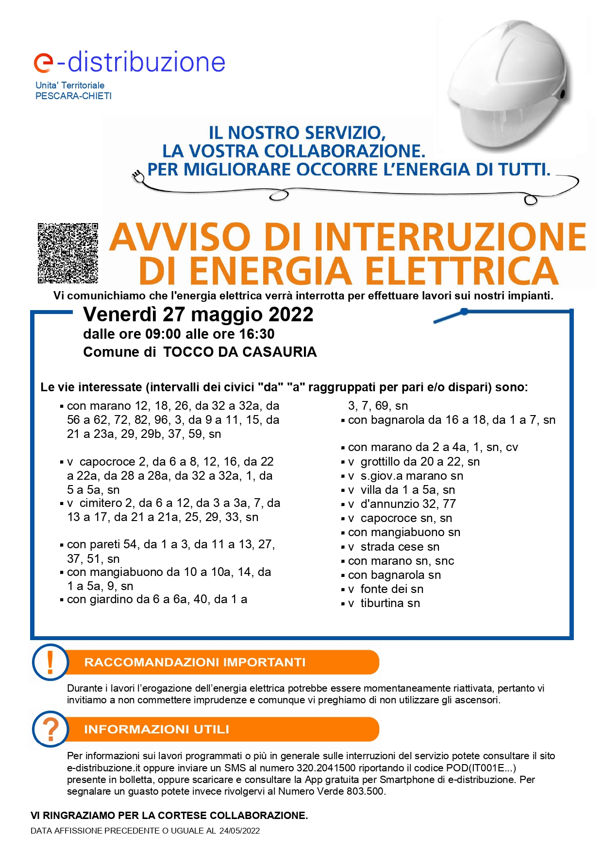 AVVISO DI INTERRUZIONE DI ENERGIA ELETTRICA - Venerd 27 maggio 2022